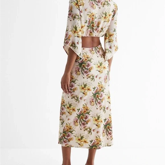 Express Satin Floral V-Neck Tie Front Cutout Midi Dress - Picture 3 of 9